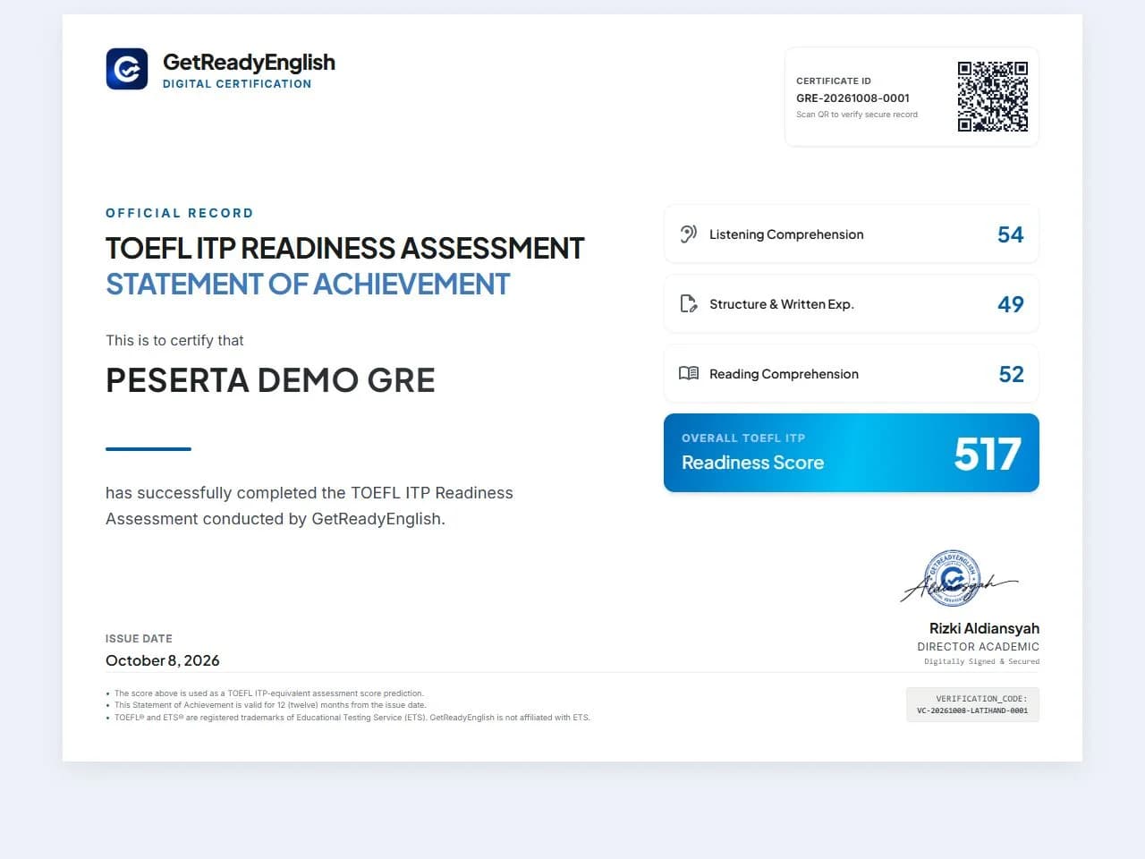 Format sertifikat GRE dengan skor, Certificate ID dan QR verifikasi