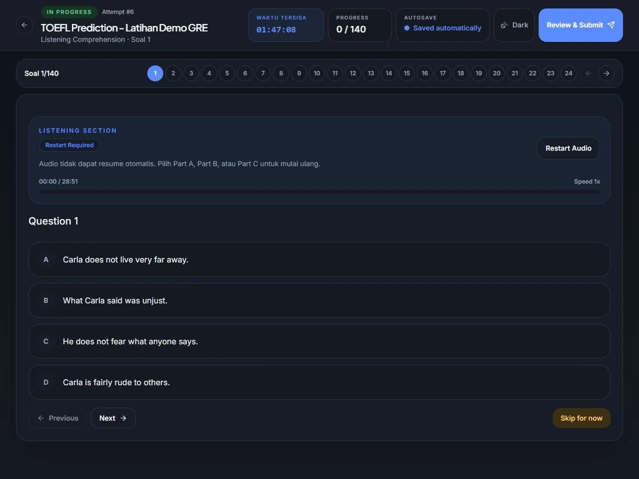 Tampilan tes GRE dengan soal, navigasi, timer, dan audio Listening