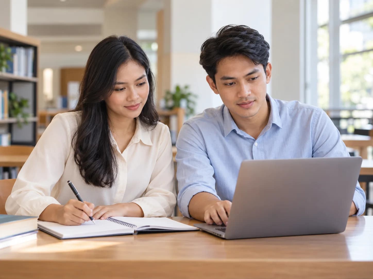 Dua peserta fokus latihan bahasa Inggris dengan laptop dan buku catatan di ruang belajar