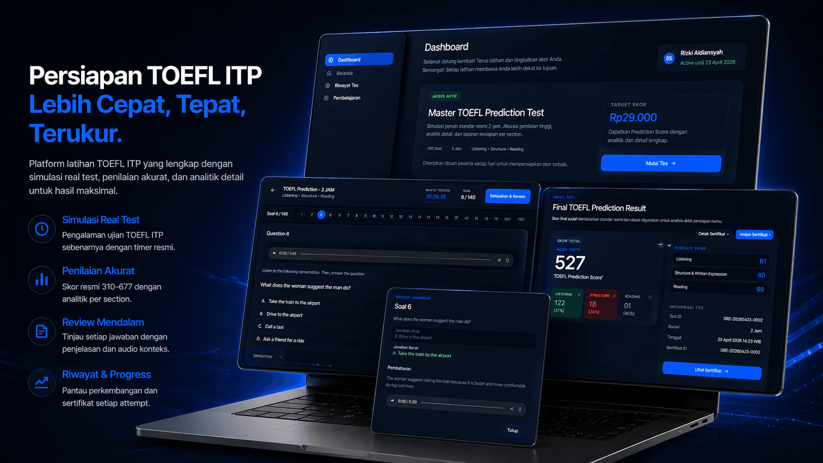 GetReadyEnglish product preview showing dashboard, test workspace, result, and review screens