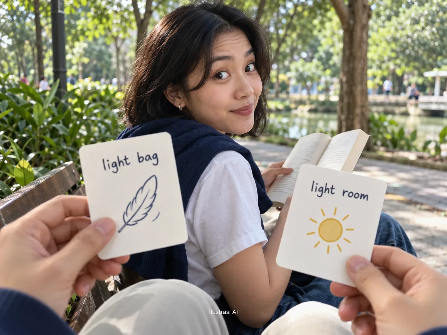 Ilustrasi AI: pelajar di taman membandingkan kartu light bag bergambar bulu dan light room bergambar matahari.