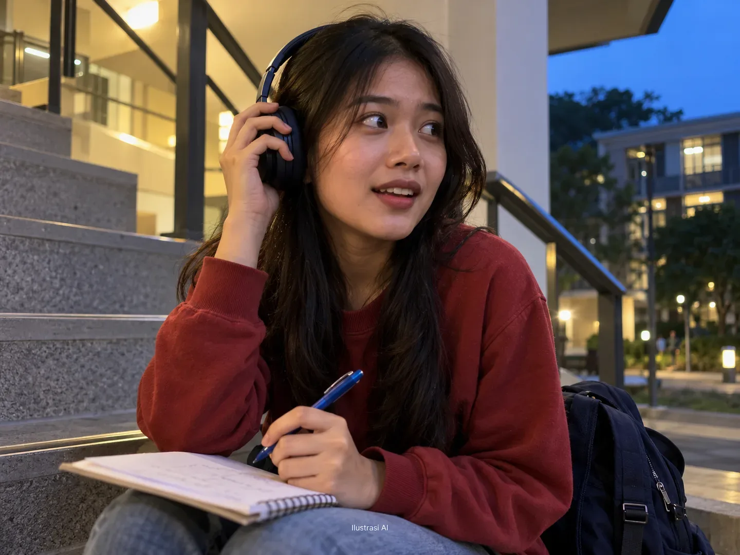 Ilustrasi AI: pelajar menghentikan gerak penanya dan mengangkat satu sisi headphone saat menyadari detail Listening.