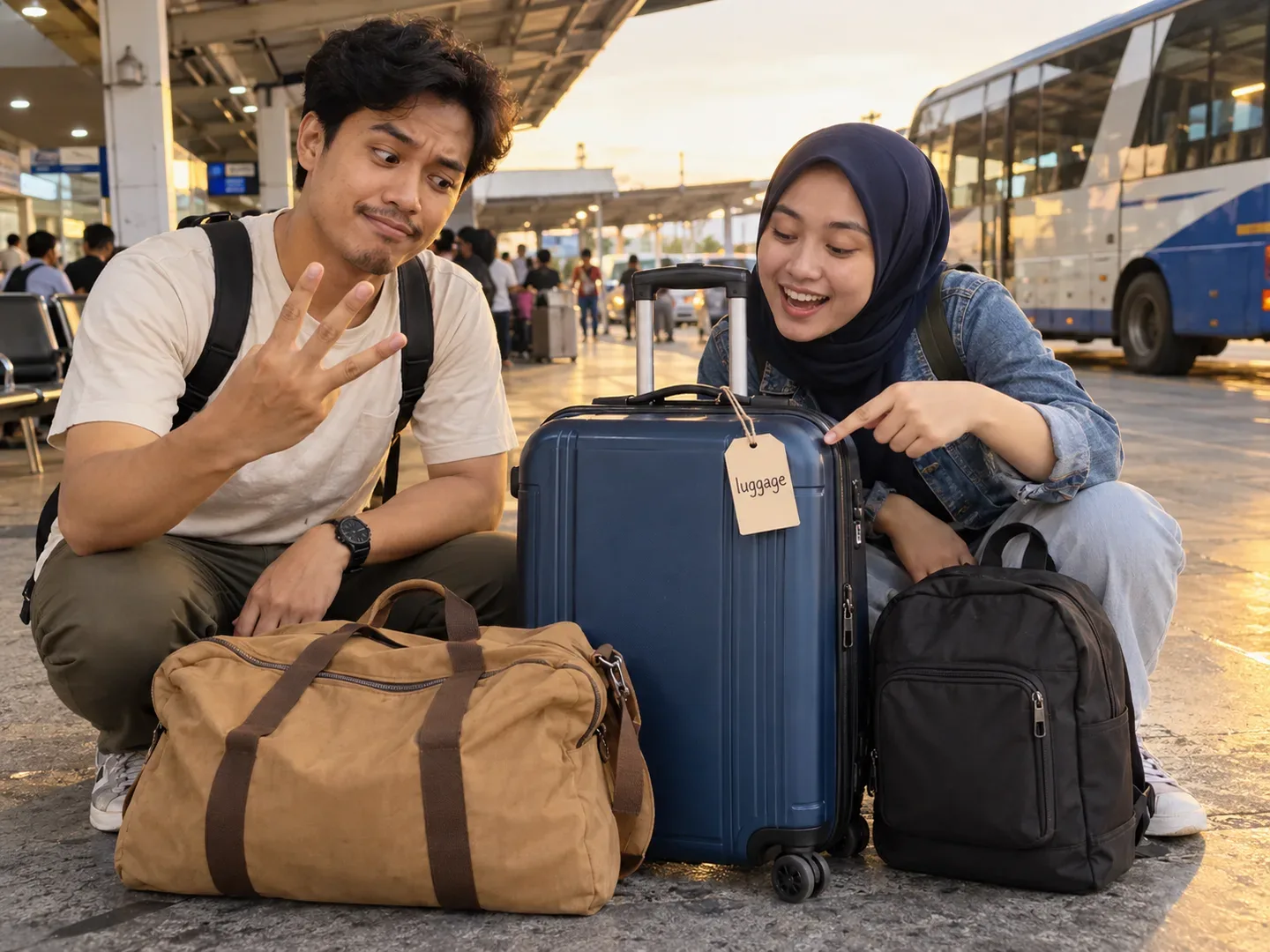 Ilustrasi AI: dua teman di halte membawa tiga tas dan membahas perbedaan bags dengan luggage.