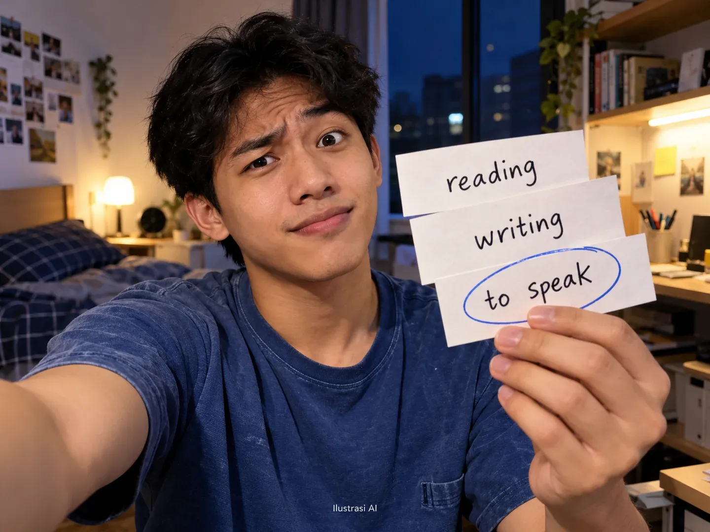 Ilustrasi AI: pelajar menunjukkan kartu reading, writing, dan to speak dengan ekspresi heran.