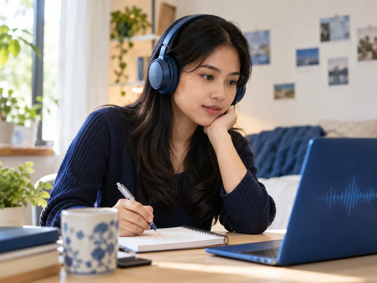 Pelajar menyimak dengan headphone dan mencatat petunjuk makna percakapan.
