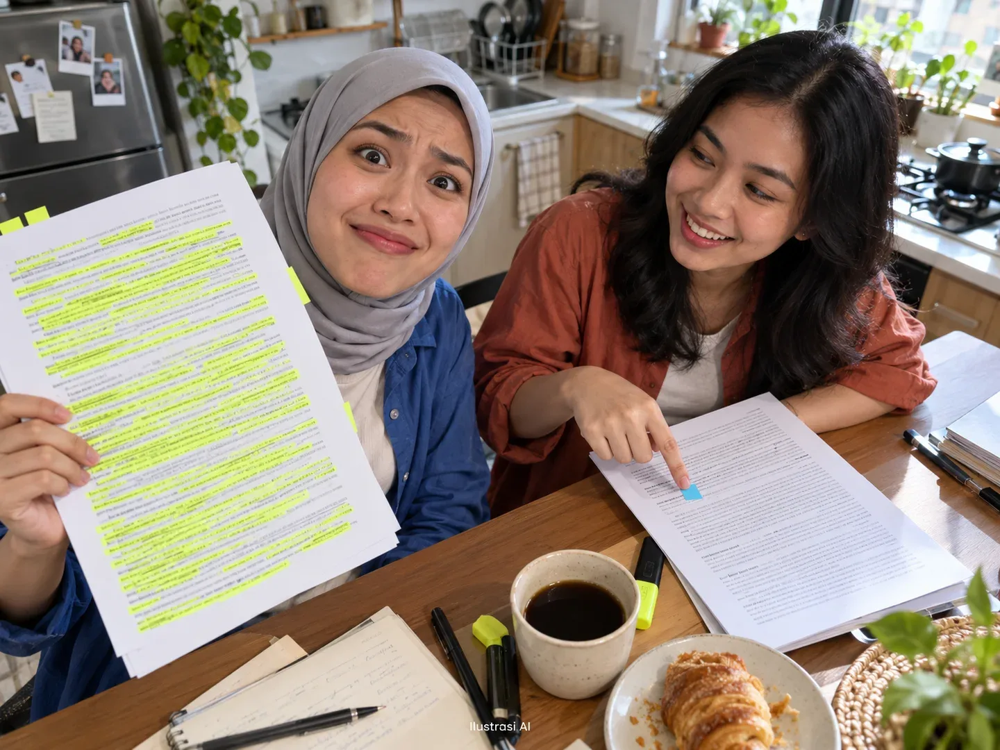 Ilustrasi AI: dua teman membandingkan halaman penuh highlighter dengan satu penanda detail saat belajar Reading.