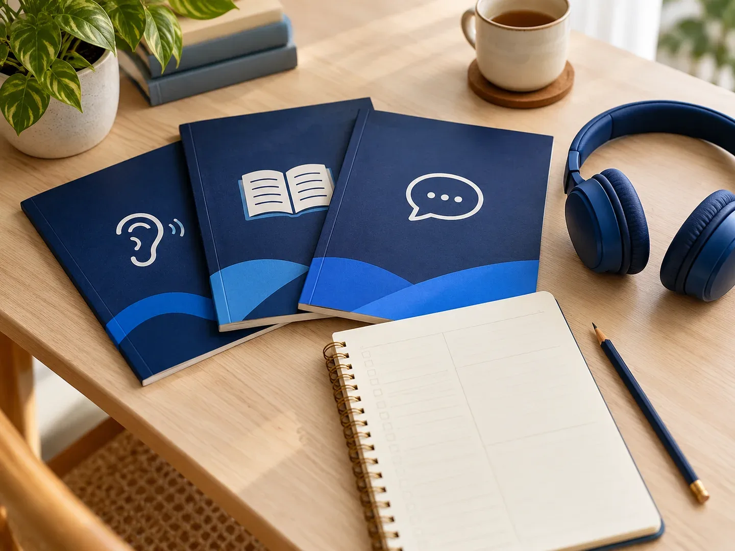 Meja belajar dengan buku latihan, headphone, dan pensil untuk mengenali persiapan TOEFL ITP.
